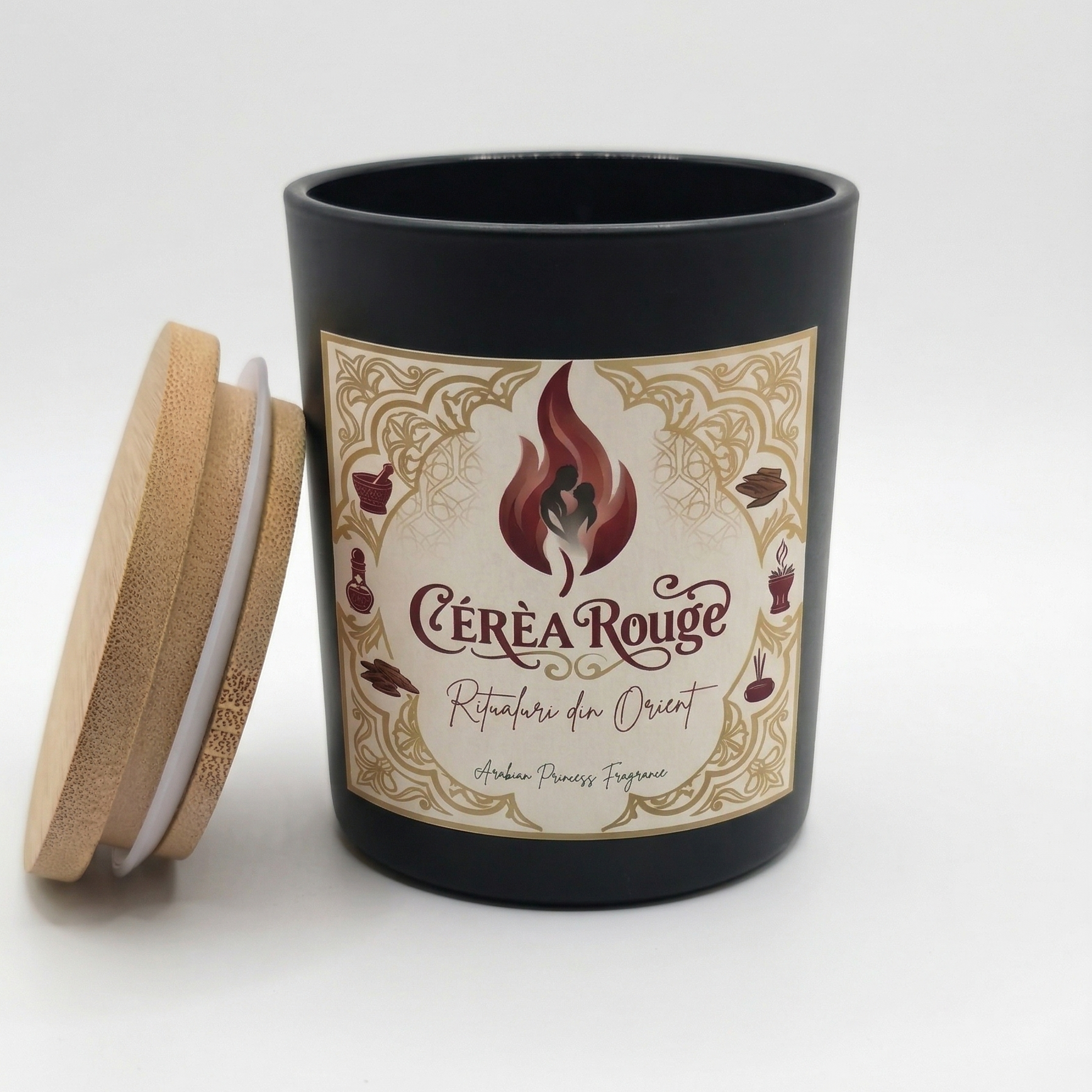Printesa Araba Black candle with a decorative label on a white background