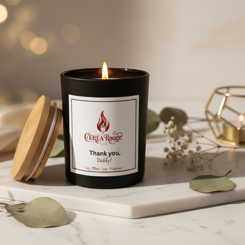 Black candle with a label on a white background
