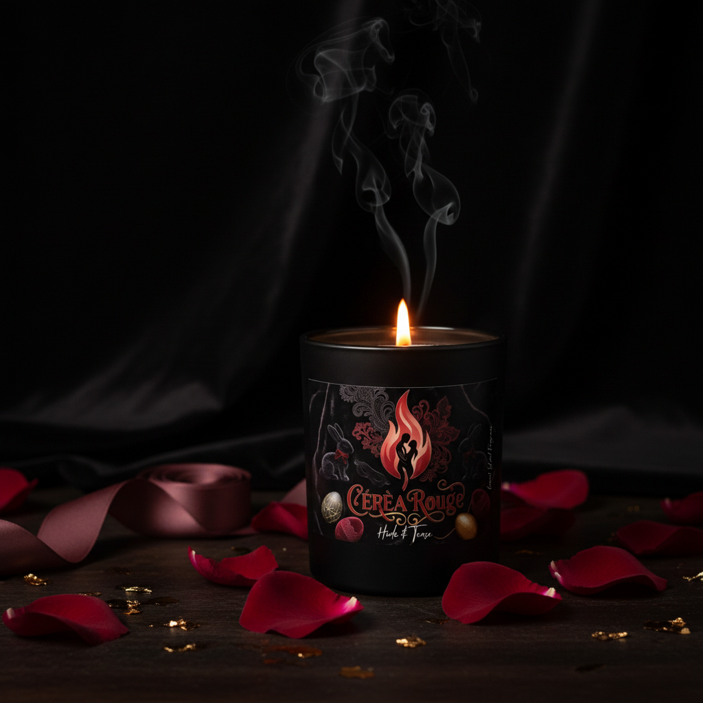 Candle in a black container with decorative design and text on a white background