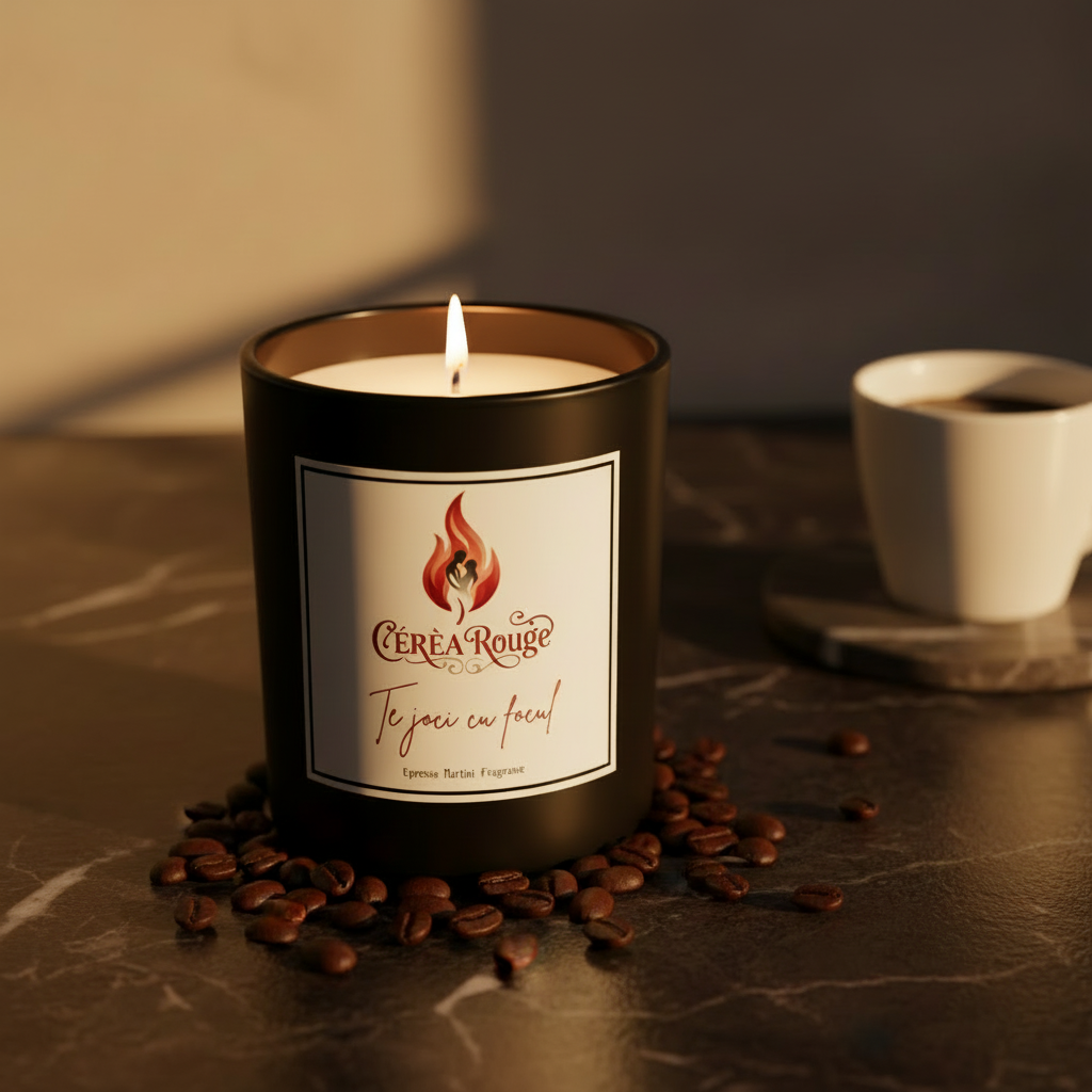 Black candle with a white label featuring 'Cèreã Rouge' on a white background